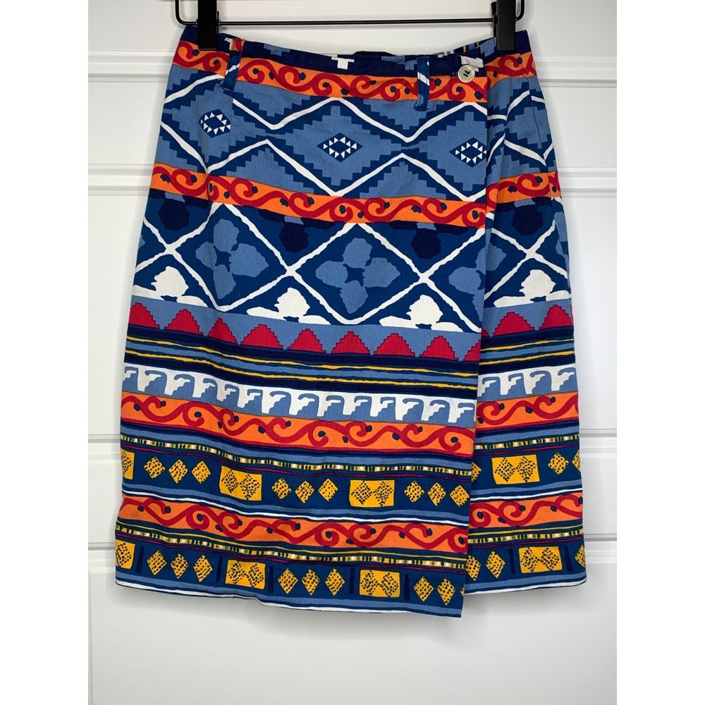 VTG Breeches Skirt Womens 6 Blue Orange Artsy Aztec Wrap Button American FLAWS‎